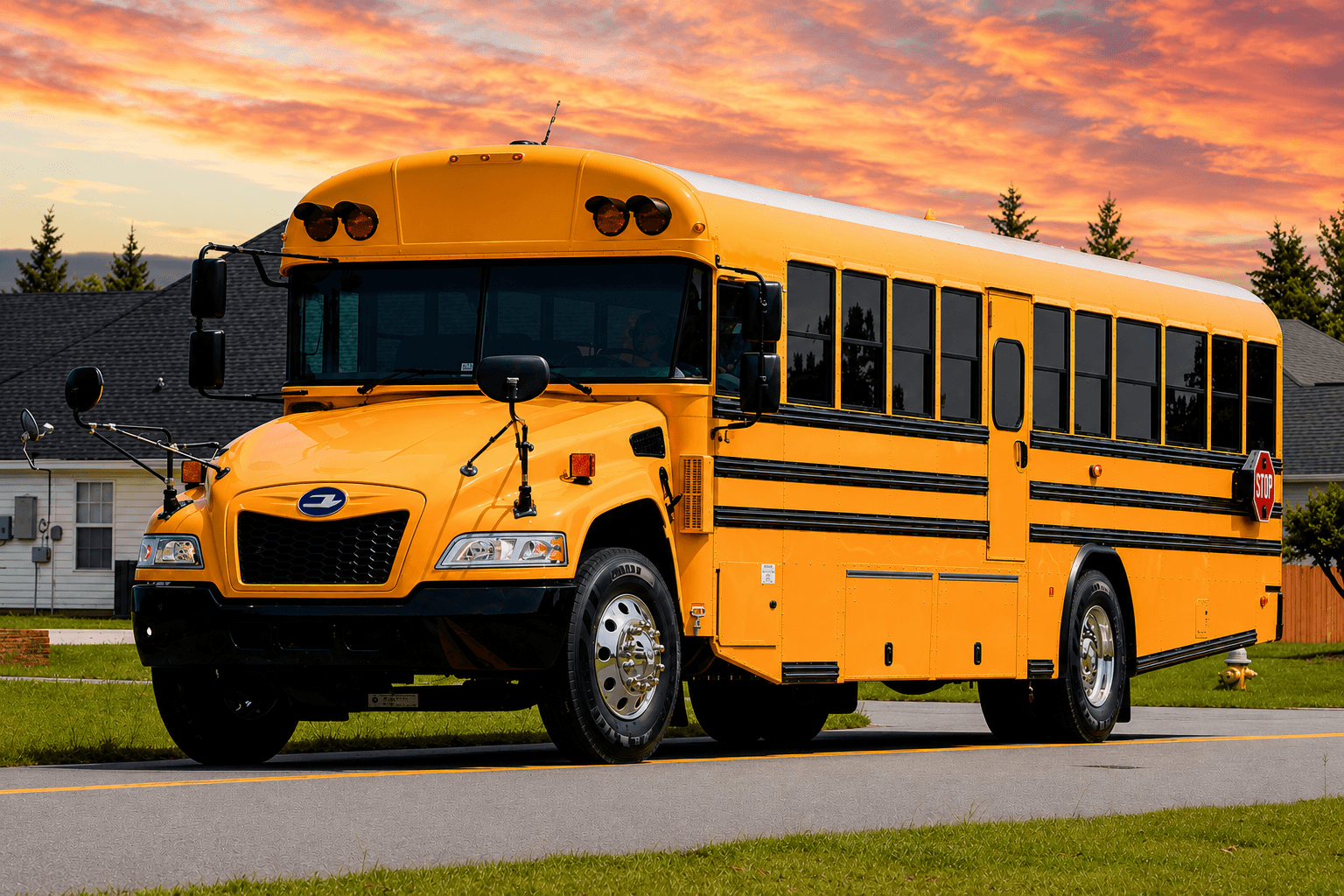M&S Bussing yellow school bus parked on a suburban street at dusk